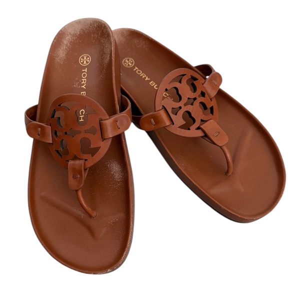 Tory Burch Shoes - Tory Burch Brown Leather Logo Sandals. Womens size 8.